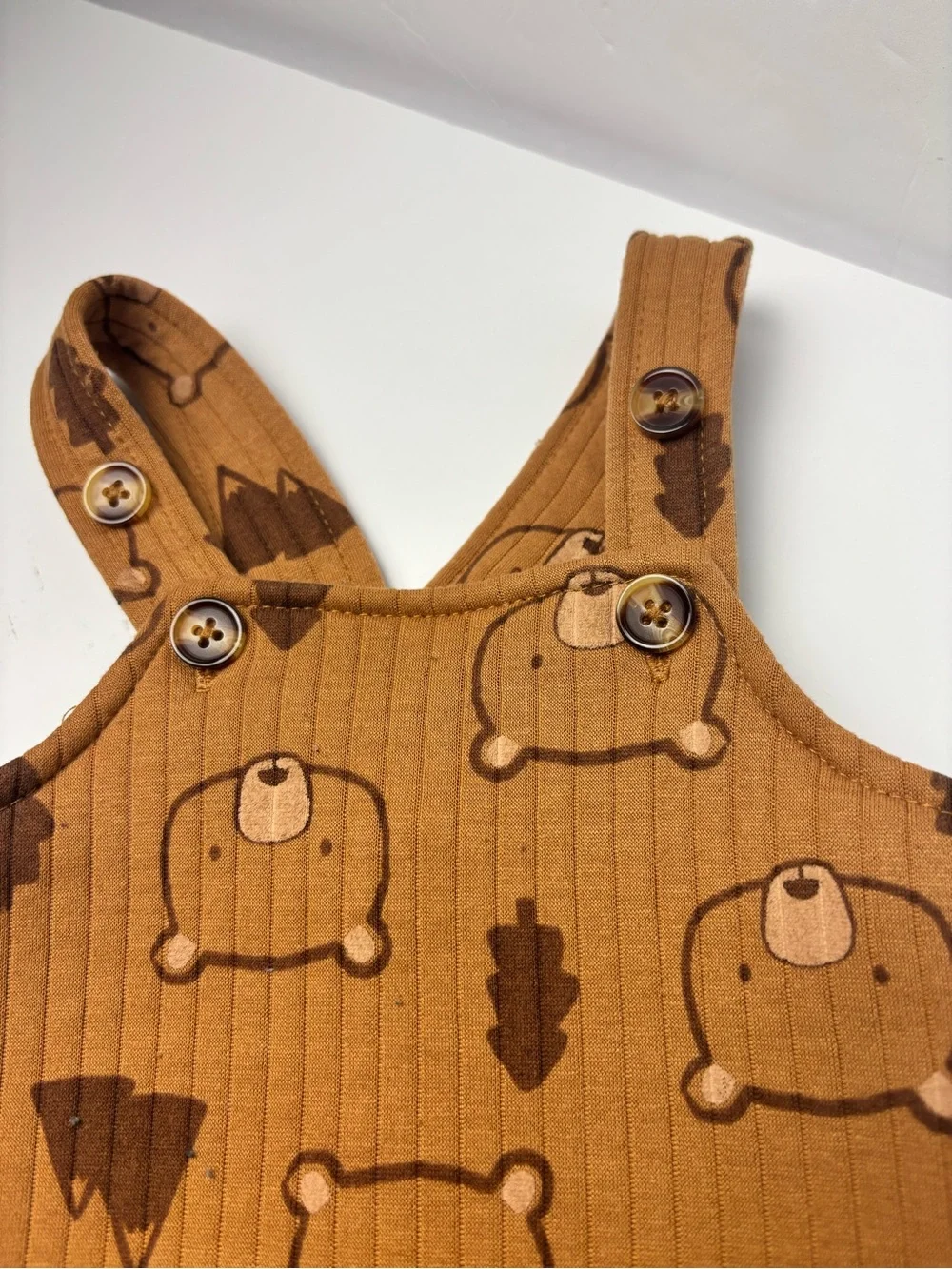Brown Bear Print Ribbed Overalls Matching Set with Cream Dino Tee
